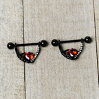 14G 11/16 Red Clear CZ Gem Heart Claw Hand Dangle Nipple Ring Set