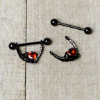 14G 11/16 Red Clear CZ Gem Heart Claw Hand Dangle Nipple Ring Set
