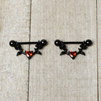 14G 11/16 Red CZ Gem Black Heart Flower Dangle Nipple Ring Set