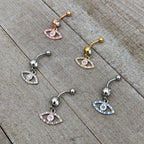 Pink Clear Gem Gold Tone Wide Eye Dangle Belly Ring