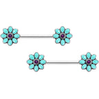 14G 9/16 Blue Faux Opal Flower Teal Petals Barbell Nipple Ring Set