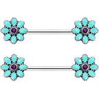 14G 9/16 Blue Faux Opal Flower Teal Petals Barbell Nipple Ring Set