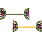 14G 9/16 Pink Gem Gold Hue Watermelon Yum Barbell Nipple Ring Set