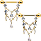 14G  9/16 Clear Gem Gold Tone Double Chain Dangle Nipple Ring Set