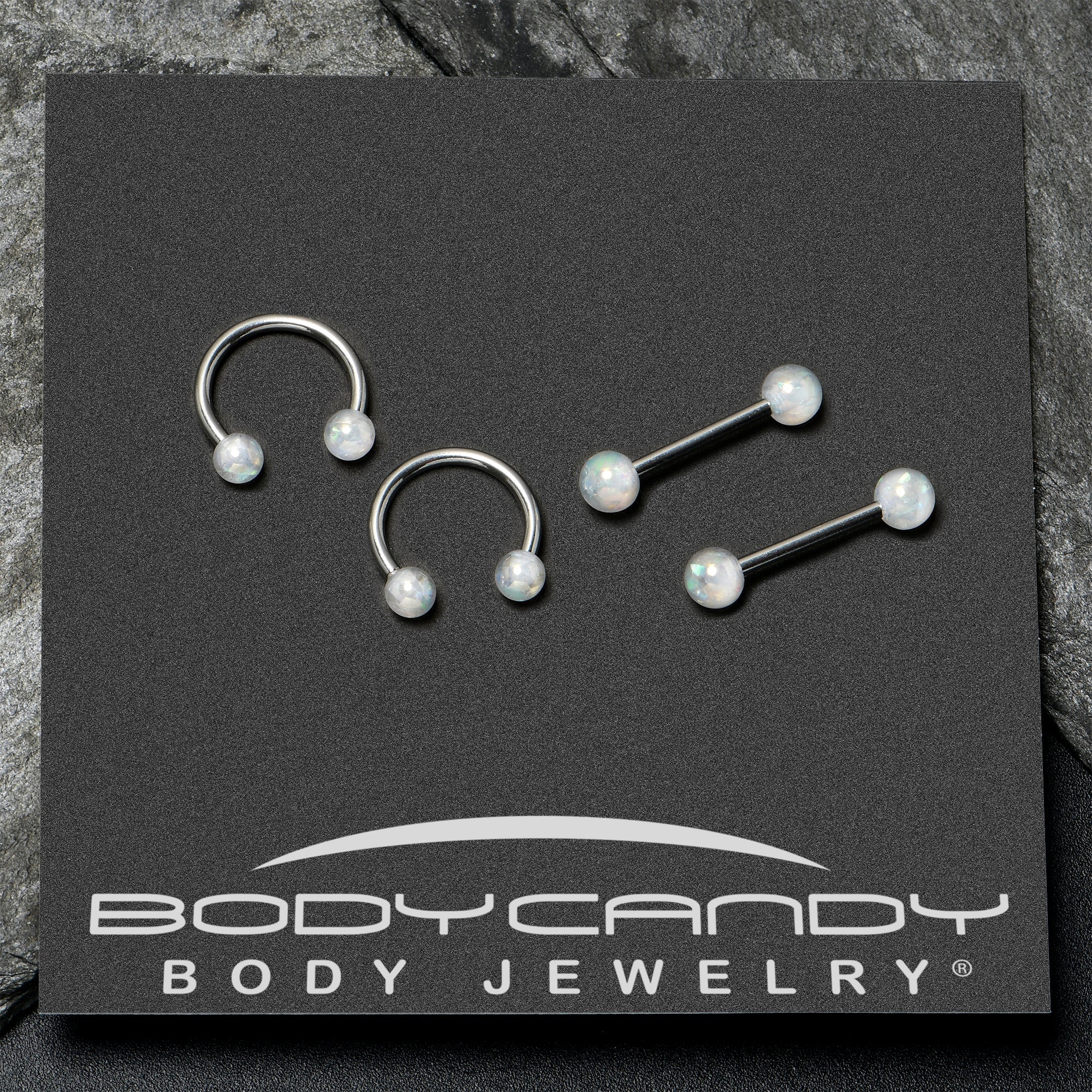 14G 9/16 White Faux Opal Horseshoe Barbell Nipple Ring Set of 4