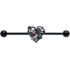 14G Clear Red CZ Gem Black Heart Floral Industrial Barbell 38mm