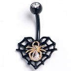 Clear Gem Black Golden Spider Web Heart Belly Ring