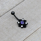 Purple Clear Gem Black Scrolling Hearts Belly Ring