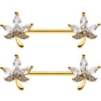 14G 3/4 Clear CZ Gem Gold Tone Pot Leaf Barbell Nipple Ring Set
