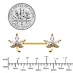 14G 3/4 Clear CZ Gem Gold Tone Pot Leaf Barbell Nipple Ring Set