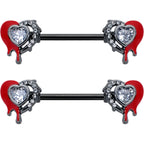 14G 9/16 Clear Gem Black Bleeding Heart Barbell Nipple Ring Set