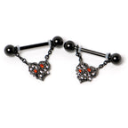 14G 9/16 Red CZ Gem Black Floral Heart Chain Dangle Nipple Ring Set