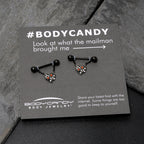 14G 9/16 Red CZ Gem Black Floral Heart Chain Dangle Nipple Ring Set