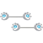 14G 9/16 Blue CZ Gem Heart Web Moon Barbell Nipple Ring Set