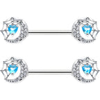 14G 9/16 Blue CZ Gem Heart Web Moon Barbell Nipple Ring Set
