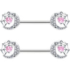 14G 9/16 Pink CZ Gem Heart Web Moon Barbell Nipple Ring Set