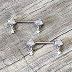 14G 9/16 Clear CZ Gem Starry Saturn Dangle Nipple Ring Set