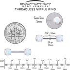14G 1/2 White Synthetic Opal Threadless Barbell Nipple Ring Set