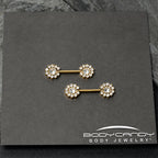 14G 9/16 Clear CZ Gem Gold Tone Flower Threadless Nipple Ring Set
