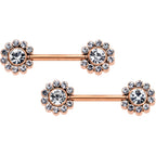 14G 9/16 Clear CZ Gem Rosy Tone Flower Threadless Nipple Ring Set