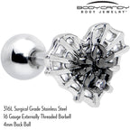 16G 1/4 Clear CZ Gem Heart of Spider Cartilage Tragus Earring