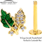 16G 5/16 Clear CZ Gem Gold Tone Leafy Beauty Labret Monroe Tragus
