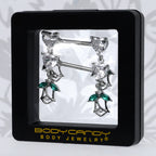 14G 9/16 Clear CZ Gem Hearts And Roses Dangle Nipple Ring Set
