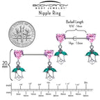 14G 9/16 Pink CZ Gem Hearts And Roses Dangle Nipple Ring Set