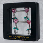 14G 9/16 Pink CZ Gem Hearts And Roses Dangle Nipple Ring Set