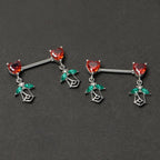 14G 9/16 Red CZ Gem Hearts And Roses Dangle Nipple Ring Set