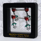 14G 9/16 Red CZ Gem Hearts And Roses Dangle Nipple Ring Set