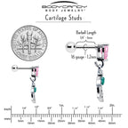 16G 1/4 Pink CZ Gem Heart And Rose Dangle Cartilage Earring