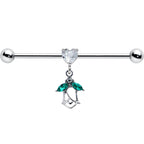 14G Clear CZ Gem Heart And Rose Dangle Industrial Barbell 38mm