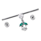 14G Clear CZ Gem Heart And Rose Dangle Industrial Barbell 38mm