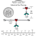 14G Red CZ Gem Heart And Rose Dangle Industrial Barbell 38mm