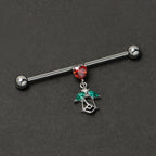 14G Red CZ Gem Heart And Rose Dangle Industrial Barbell 38mm