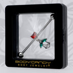 14G Red CZ Gem Heart And Rose Dangle Industrial Barbell 38mm