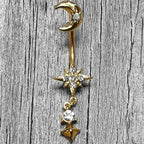 Clear Gem Gold Tone Celestial Glam Dangle Double Mount Belly Ring