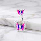Clear Gem Butterfly Pink Blue Double Mount Belly Ring