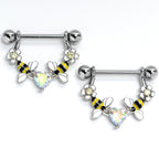 14G 9/16 Aurora Gem Heart Bees Flowers Dangle Nipple Ring Set