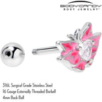 16G 1/4 Clear Gem Heart Pink Butterfly Cartilage Tragus Earring