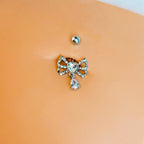 Clear CZ Gem Heart In A Bow Dangle Belly Ring