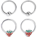 16G 3/8 Red Green Gem Strawberry BCR Captive Ring Set of 4