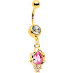 Pink CZ Gem Gold Tone Style Fire Dangle Belly Ring