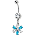 Clear Blue CZ Gem Bling Flower Glam Dangle Belly Ring