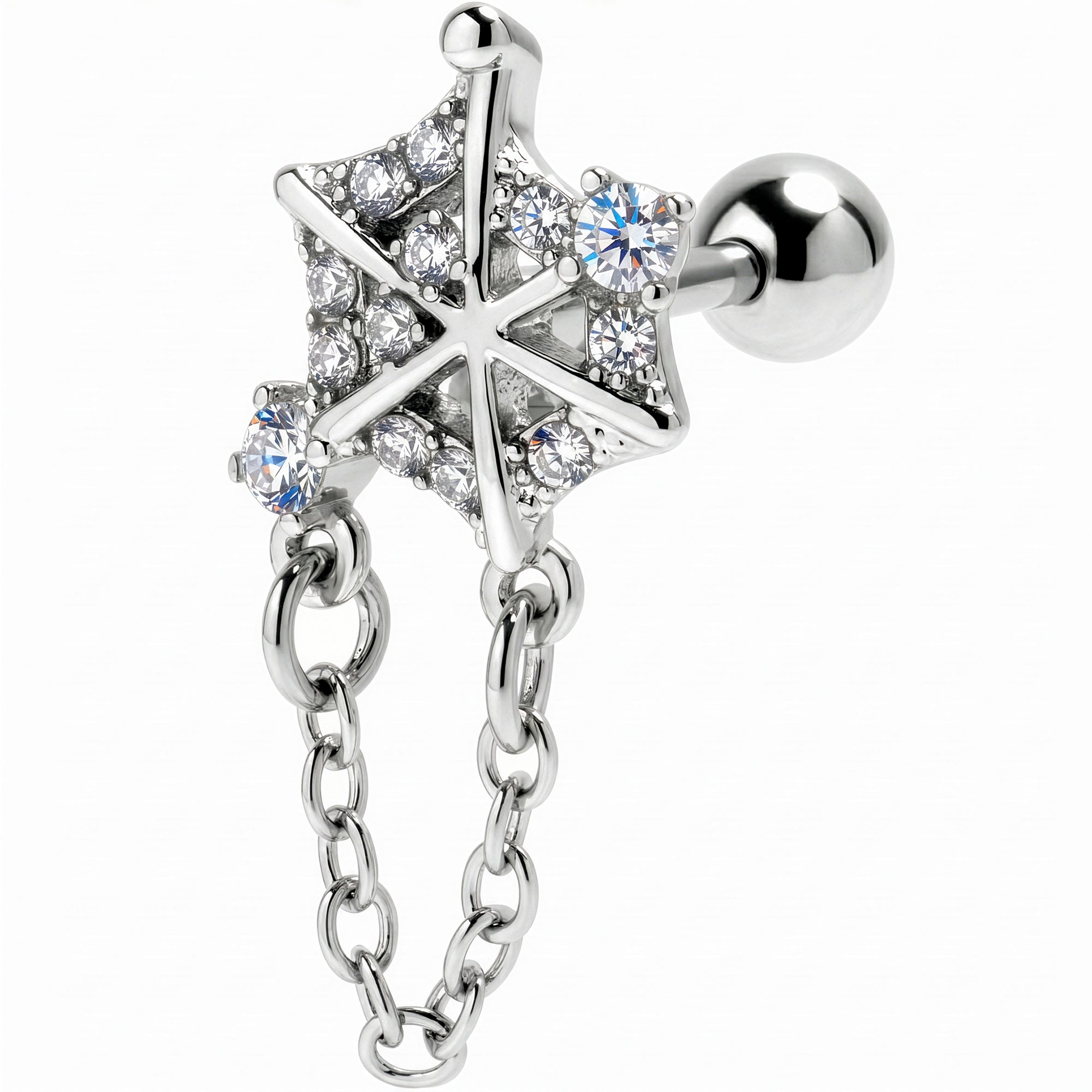 16G 1/4 Clear Gem Spiderweb Chain Dangle Cartilage Tragus Earring