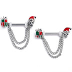 14G 9/16 Clear Gem Santa Skull Gift Chain Dangle Nipple Ring Set