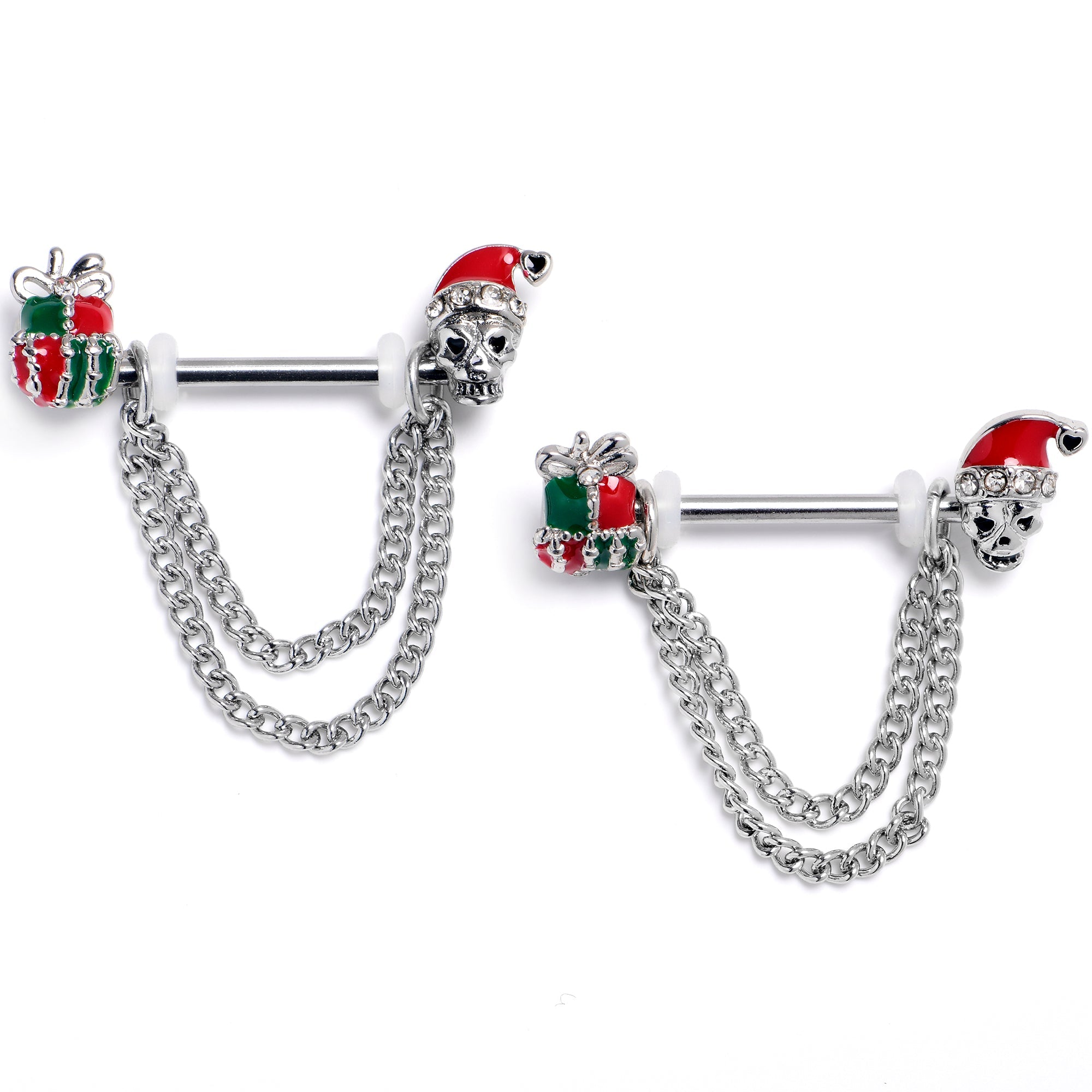 14G 9/16 Clear Gem Santa Skull Gift Chain Dangle Nipple Ring Set