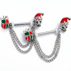 14G 9/16 Clear Gem Santa Skull Gift Chain Dangle Nipple Ring Set