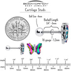 16G 1/4 Rainbow CZ Gem Simply Colorful Butterfly Cartilage Earring